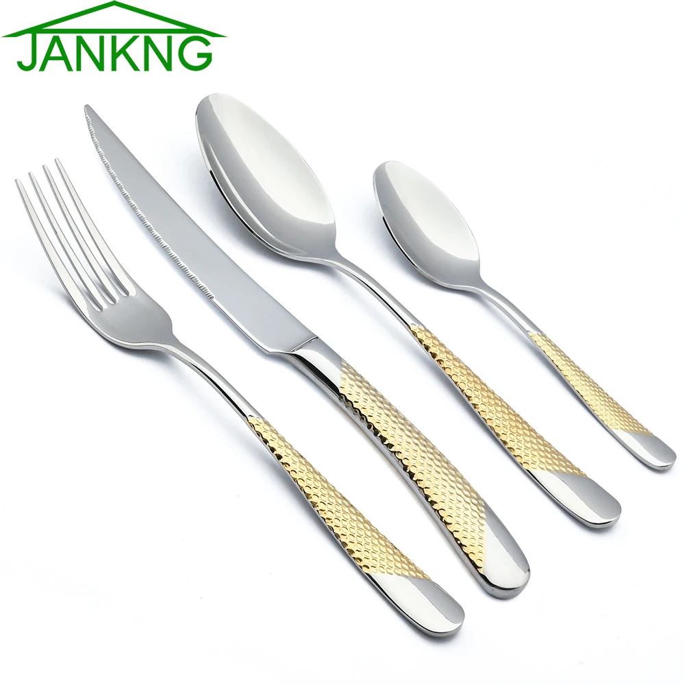 

4Pcs Silver Glod Dinnerware Set 18/10 Stainless Steel Silverware Set Kitchen Knives Forks Spoons Cutlery Set Dishwasher Safe