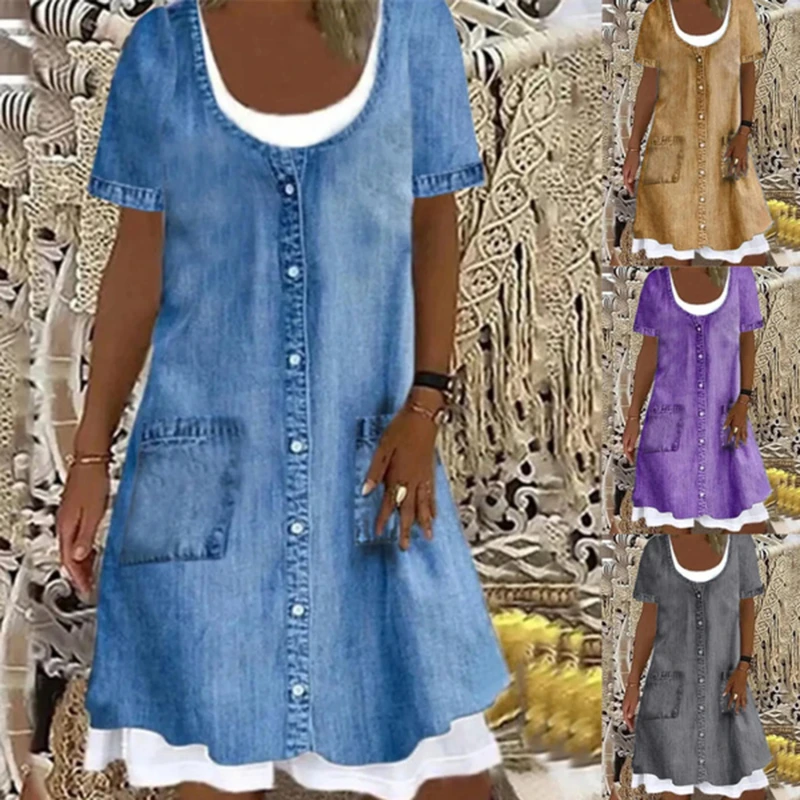 

Свободное Повседневное платье с имитацией двух частей, летние женские прямые джинсовые платья без рукавов с синим принтом, женский сарафан ...