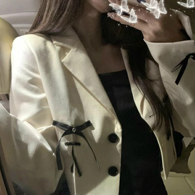 

Women Blazers Short Temperament Streetwear Bow Notched Designed Fashion Ins Single Breasted Korean Style Ulzzang Loose Womens