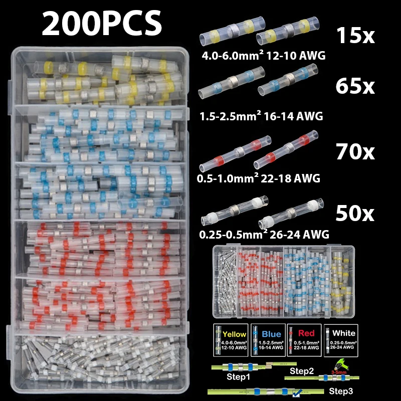 

200PCS Waterproof Solder Sleeve Heat Shrink Solder Connector Kit With Box cable connector butt connector electrical connector