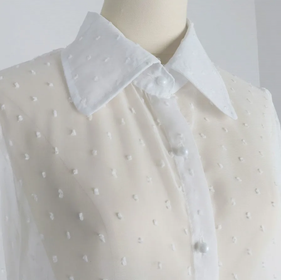

New Spring Summer Shirts Streetwear Women Blouses Chiffon Dot Turn Down Collar See Through Blouse Larten Half Sleeve Shirt Blusa