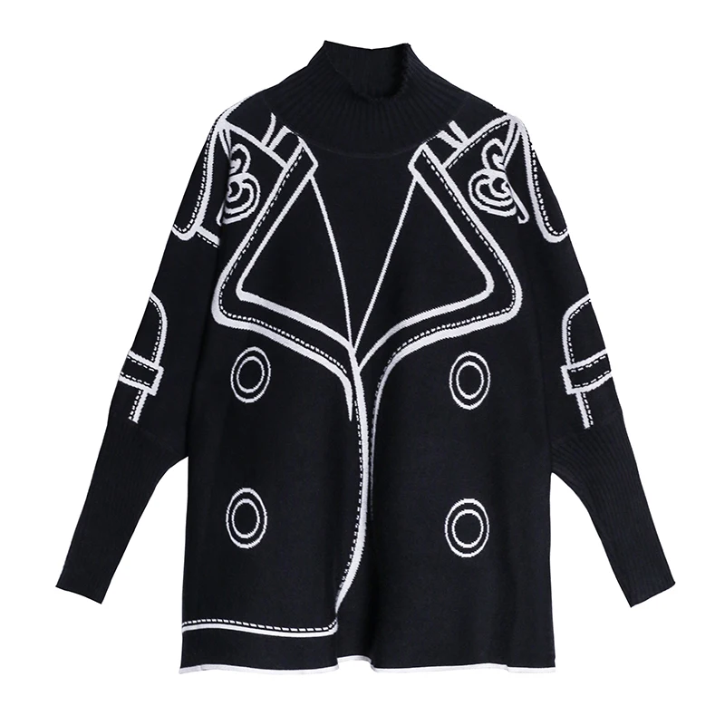 

Weaving Flower High-necked Sweater Women Loose Outside Wearing Autumn and Winter Big Size Knit Sweater Dress Batwing Leeve Top