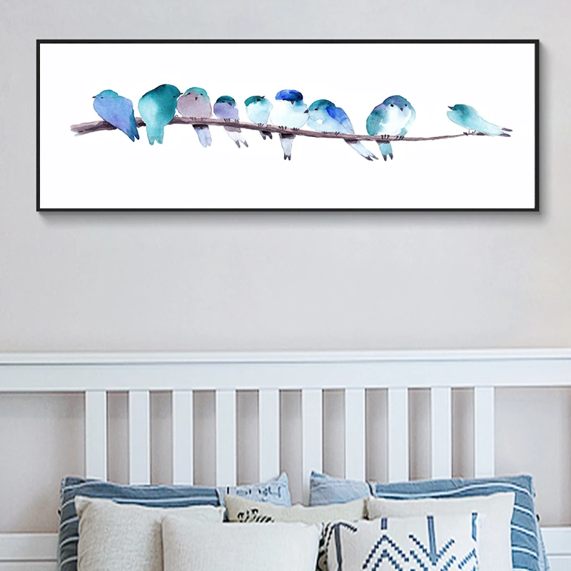 Акварельные животные синие птицы плакат минималистичное Искусство Холст