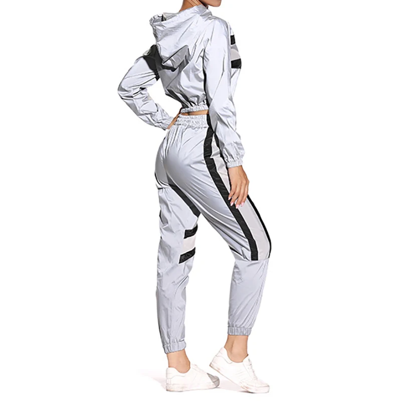 

Women'S Sportswear 2-Piece Reflective Fabric Contrast Stitching Hoodie Suit Casual Long-Sleeved Hooded Jacket Jogger Pants Suit