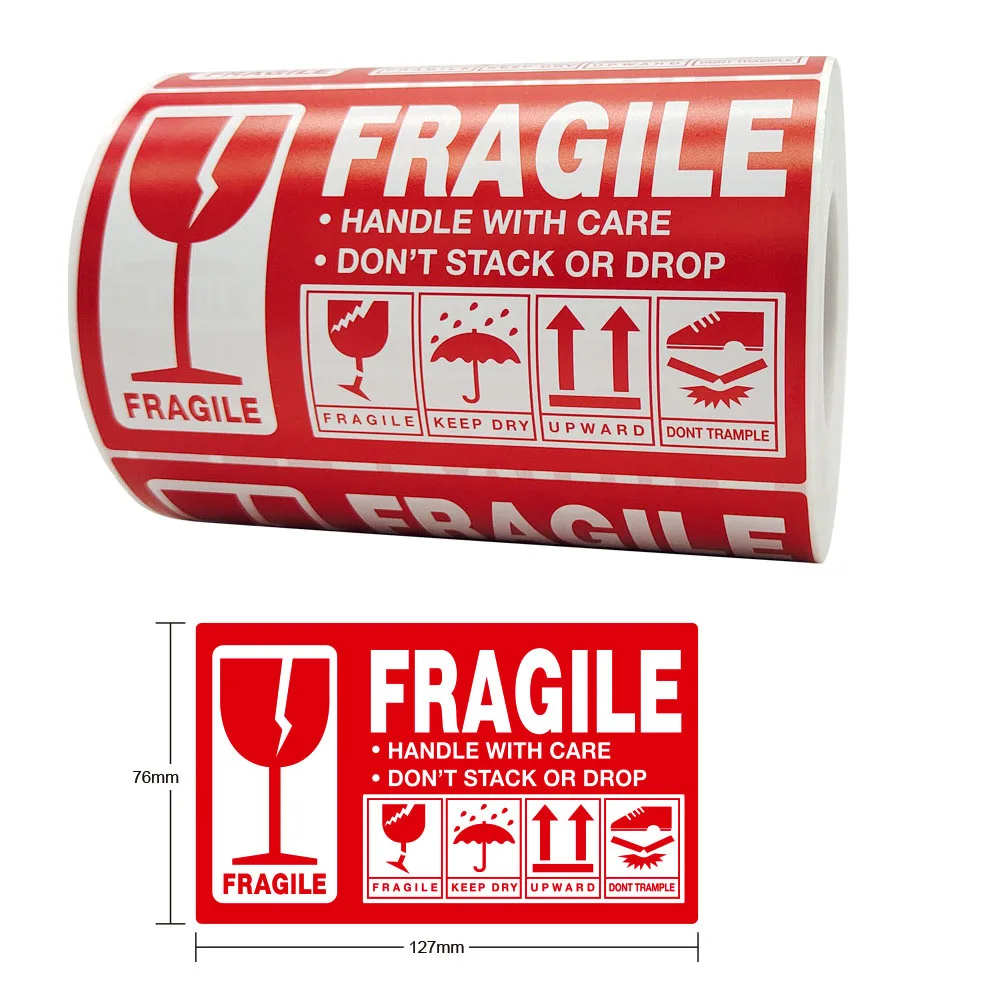 300Pcs 7.6*12.7CM Fragile Warning Label Sticker Fragile Sticker Up and Handle With Care Keep Dry Large Shipping Express Label