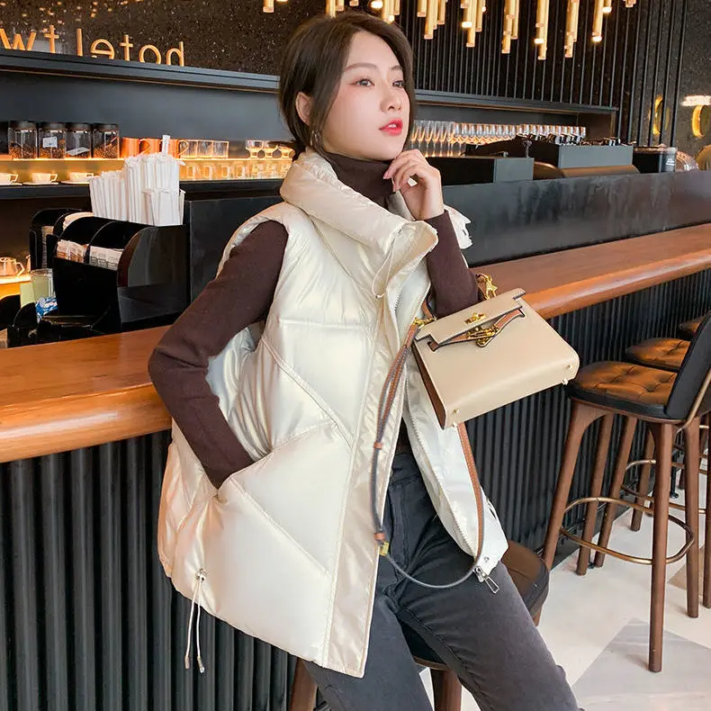 

2021 Autumn Winter Women Slim Down Cotton Waistcoat Lady Stand Collar Sleeveless Pockets Zipper Vest Female Warm Thick Vest K679