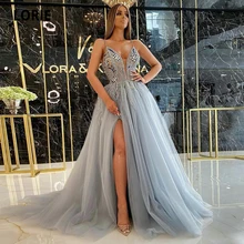 LORIE – robe de soirée de forme trapèze, tenue de soirée élégante, en dentelle, perles, Spaghetti, Sexy, avec fente haute, col en v, longue  (3)