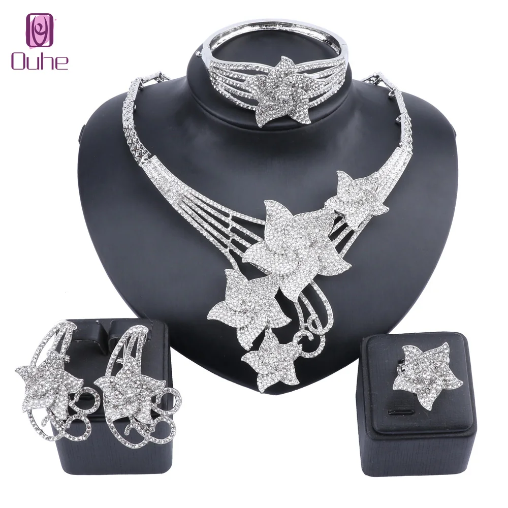 Fashion Star Rhinestones Crystal Necklace Bracelet Wedding Party Elegant Women Earrings Ring Classic Jewelry Sets | Украшения и