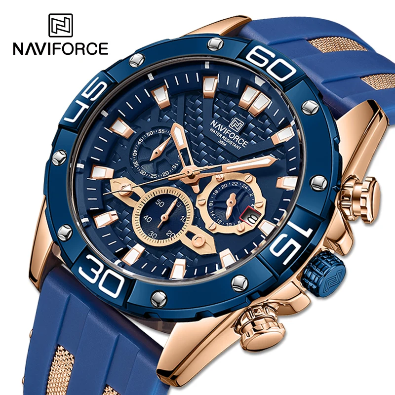 

Часы NAVIFORCE мужские, военные, водонепроницаемые, с силиконовым ремешком, спортивные, кварцевые наручные часы с хронографом, синие