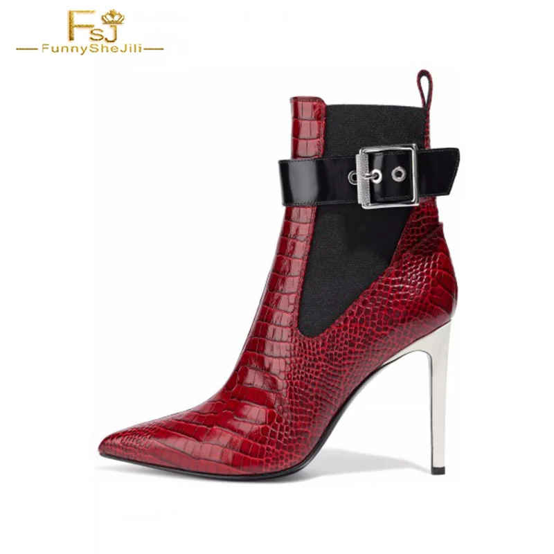 

FSJ Fashion Burgundy Lizard Texture Women Chelsea Boots Buckle Stiletto Heel Pointed Toe Party Date Ladies Ankle Booties 2021