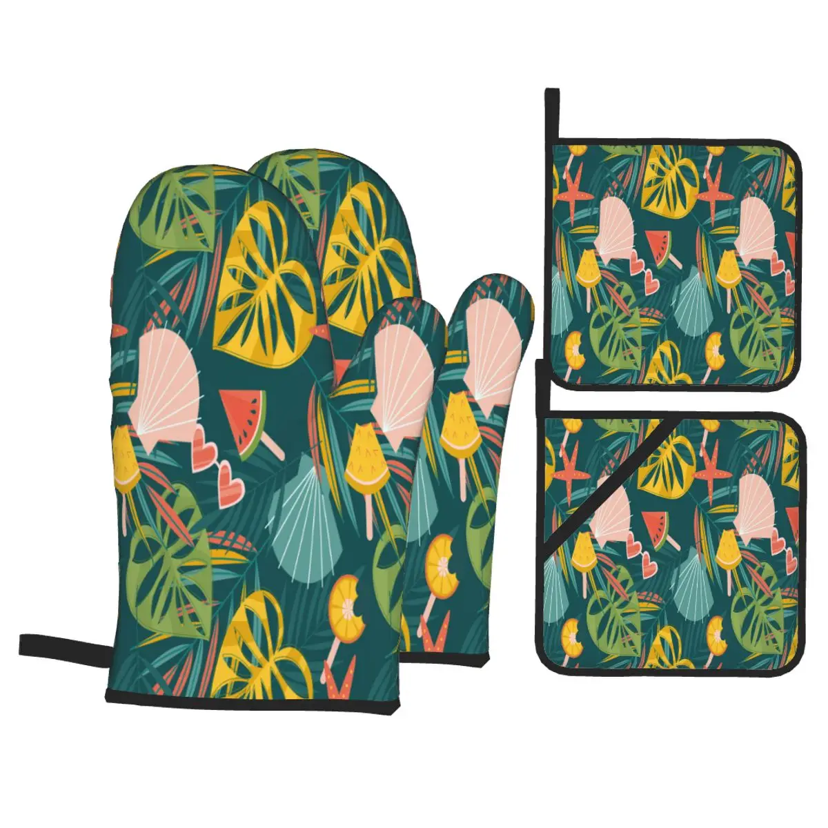 

4 Set of Kitchen Gloves Insulation Summer Zoom Plants Pad Cooking Microwave Gloves Baking BBQ Oven Potholders Mitts