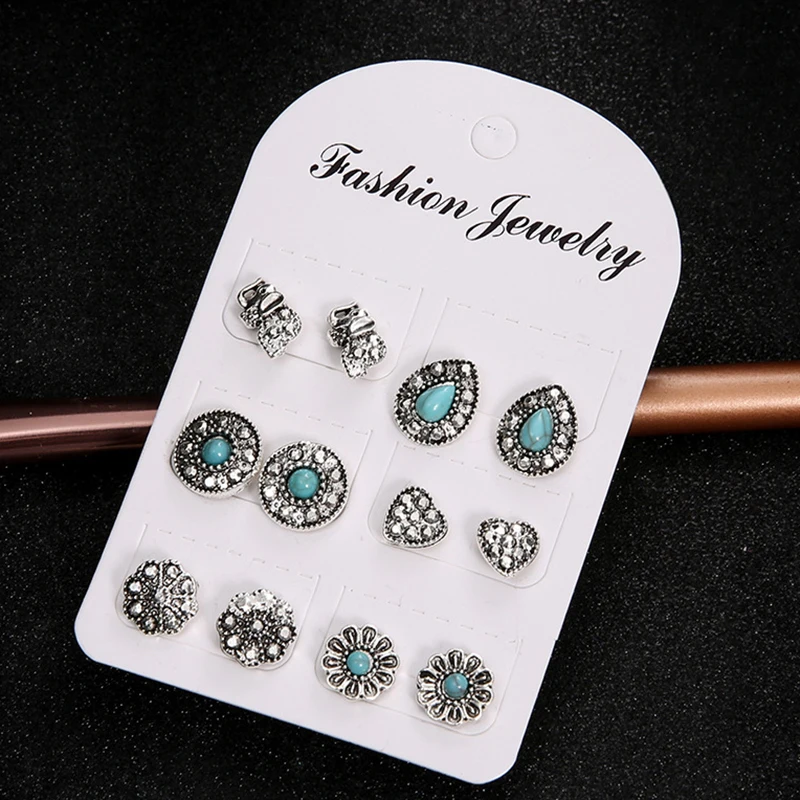 

6paris per set Vintage Antique Silver Elephant Round Metals Turquoise Cabs Tribal Tiny Stud Earrings for Women