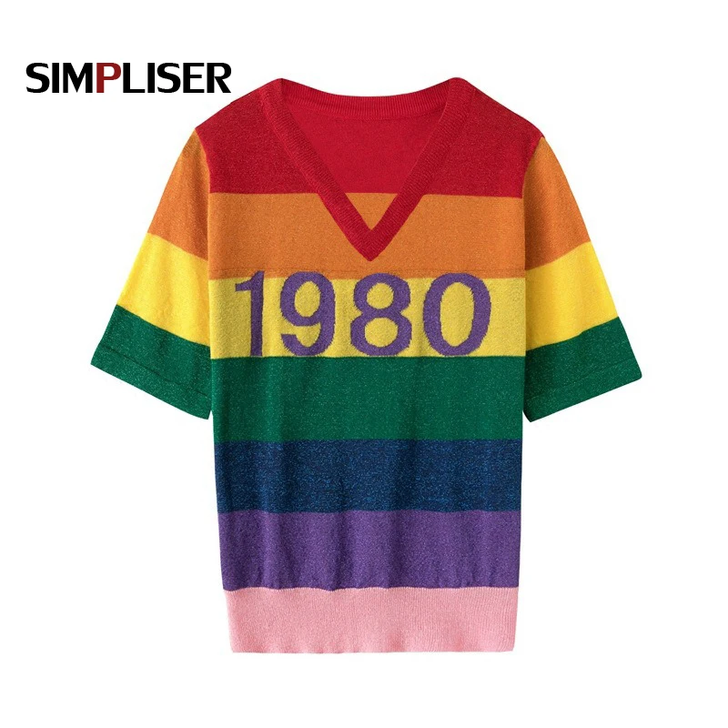 Lurex Rainbow Color Sweaters For Women 2020 Summer O-neck Short Sleeve Female Pullovers Knitting Tees Ladies Tops Knitted Shirts | Женская