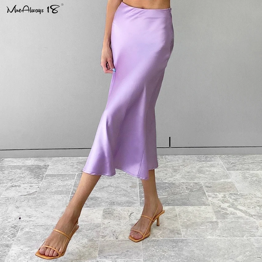

Mnealways18 однотонная фиолетовая атласная шелковая юбка женская летняя длинная юбка с высокой талией Новинка 2020 элегантные женские офисные юбк...