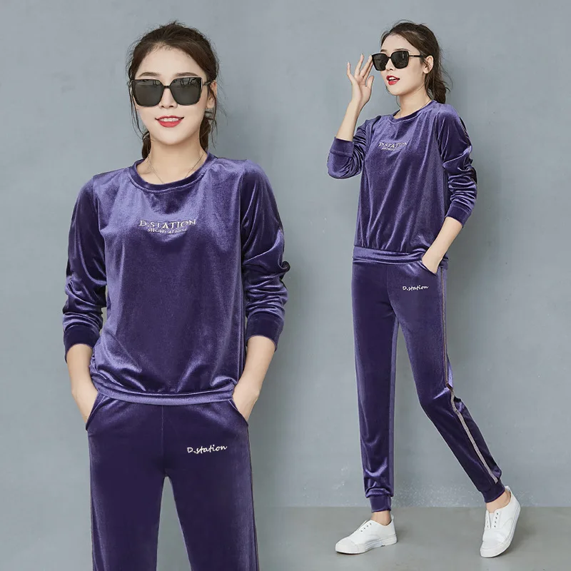 Purple long small Осенняя и зимняя женская куртка спортивная модная повседневная мягкая велюровая Толстовка комплект из 2 предметов пуловер с длинными рукавами спортивные костюмы - Цвет: Purple long small