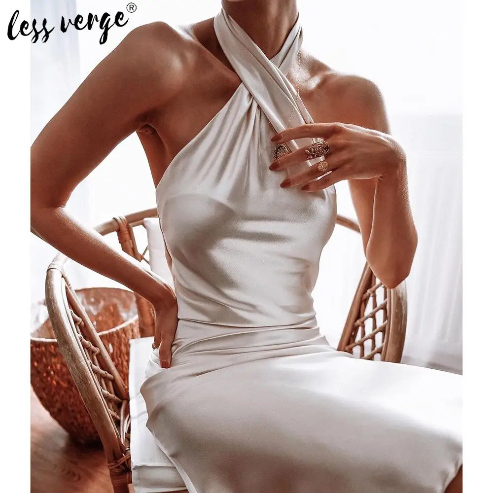 Lessverge Elegant Party Dress 2020 Spring Backless Women Sexy Club Bodycon Midi Halter Neck Solid Formal Long dress | Женская одежда