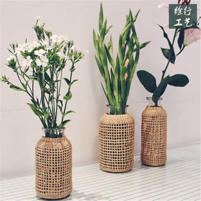 

Flower Vase Glass Desktop Vase Flower Wicker Vase Decorative Japanese Style Flower Vase Seagrass Woven Vase Table Decor