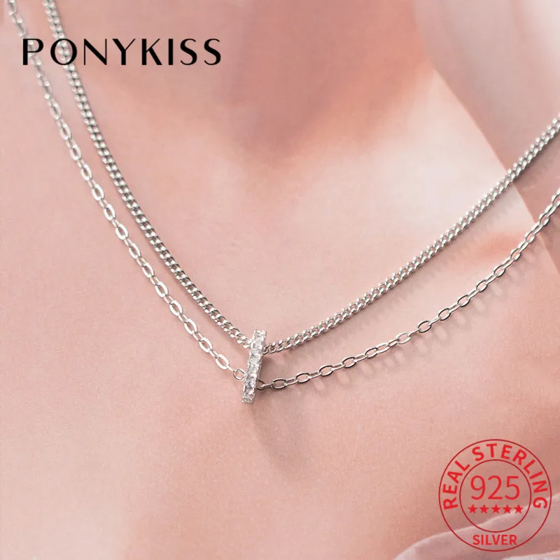 

PONYKISS Classic S925 Sterling Silver Double layer Zircon Minimlist Chokers Necklace for Women Party Fine Jewelry Accessory