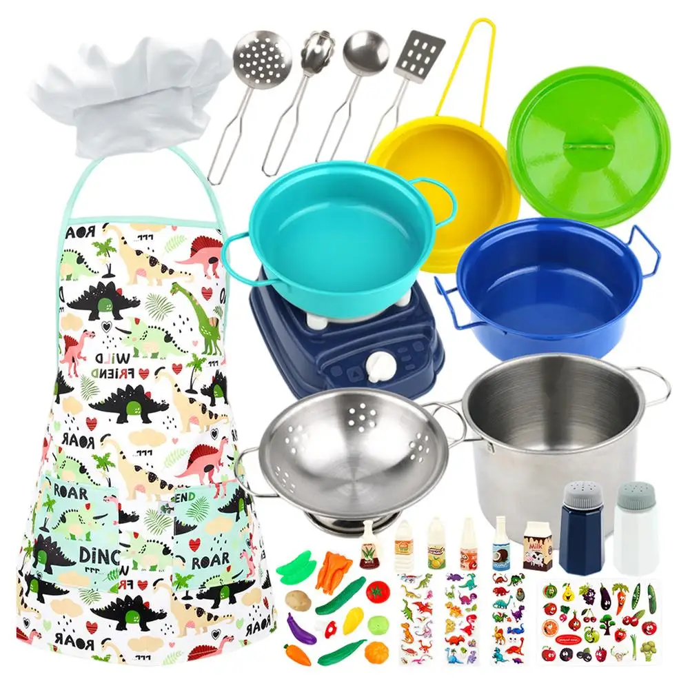 

37pcs Children Play House Baking Toy Set Apron Hat Stainless Steel Vegetable And Fruit Pepper Bottle Set