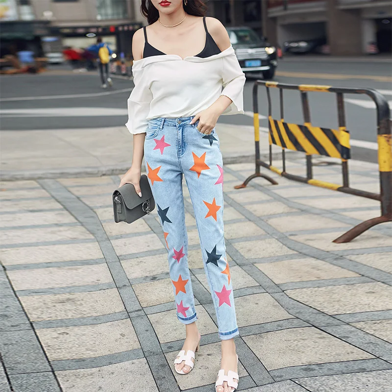 

New European and American star same colour the stars straight jeans female printing easy leisure trousers