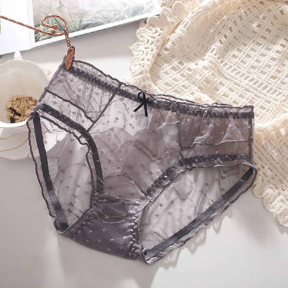 

Bow Translucent Mesh Briefs Sexy Ultra-thin Lace Slim Transparent Panties Perspective Female Underpants