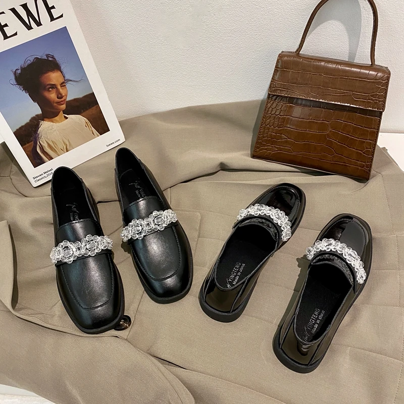 

ELLALEE Leather Pumps Women Low Heel Crystal Slip-On Loafers Summer Black Square Toe Elegant Breathable Office Shoes