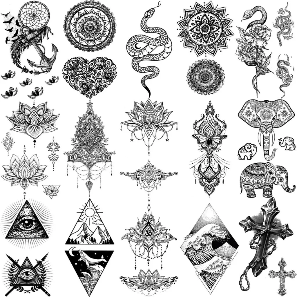 

Lotus Pendant Mandala Temporary Tattoos For Women Adult Girl Geometric Snake Elephant Cross Fake Tattoo Neck Hands Small Tatoos