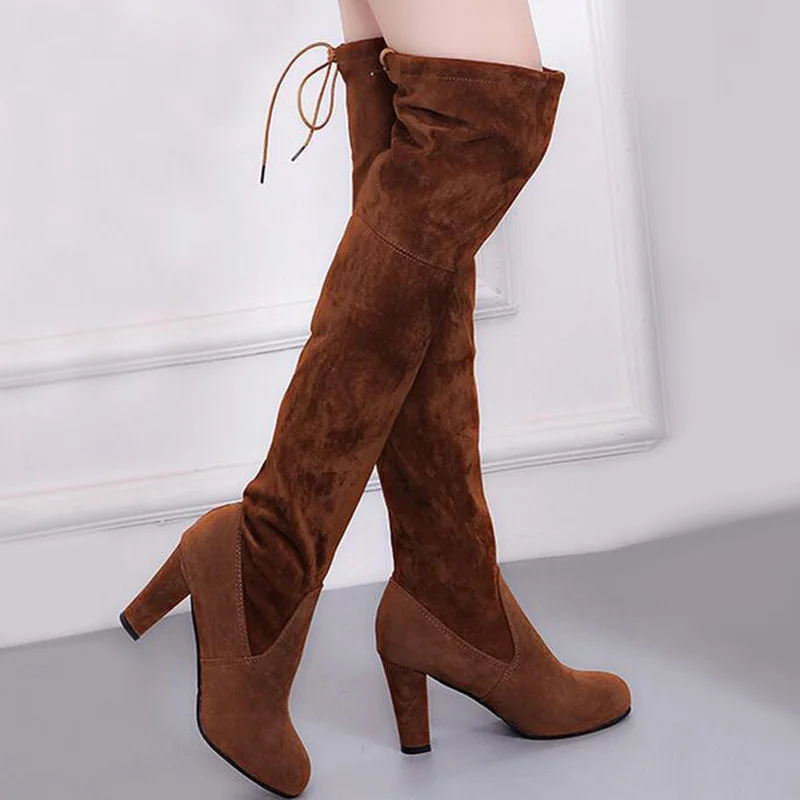 Привлекательные женские ботинки выше колен из искусственной замши Сапоги колена
