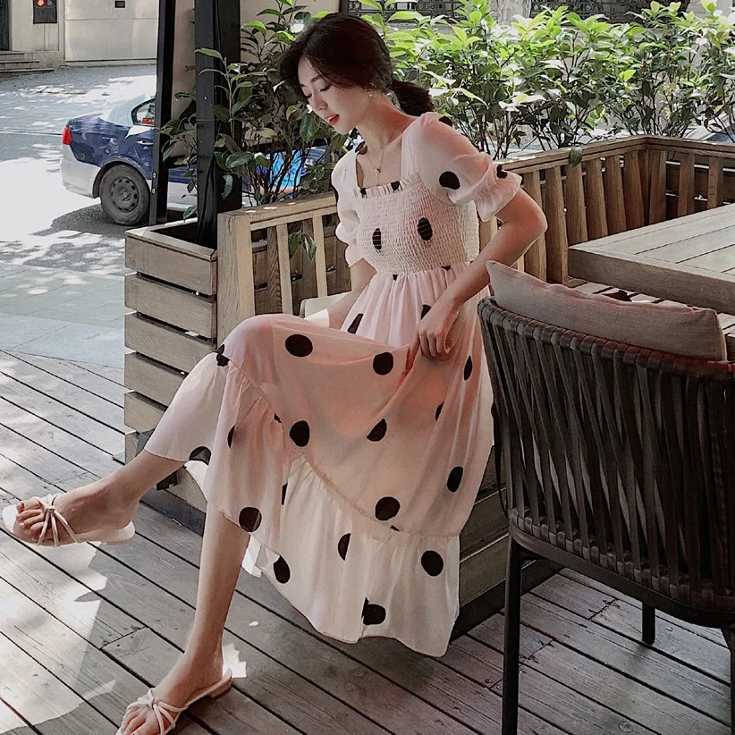 

Женское пляжное платье в горошек, платье средней длины в стиле ретро, с завышенной талией, во французском стиле пэтикодон, весна-лето 2020