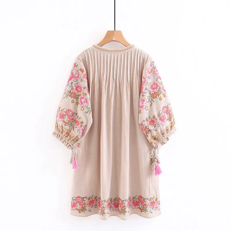 Boho шикарное женское пляжное богемное мини-платье с цветочным принтом и коротким рукавом happie, женское льняное Хлопковое платье с кисточками и v-образным вырезом
