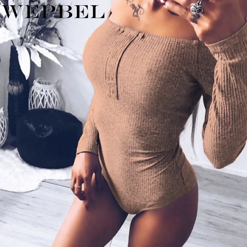 

Mandylandy Sexy Bodysuits Skinny Jumpsuits Long Sleeves T-Shirt Women Casual Off Shoulder Tops