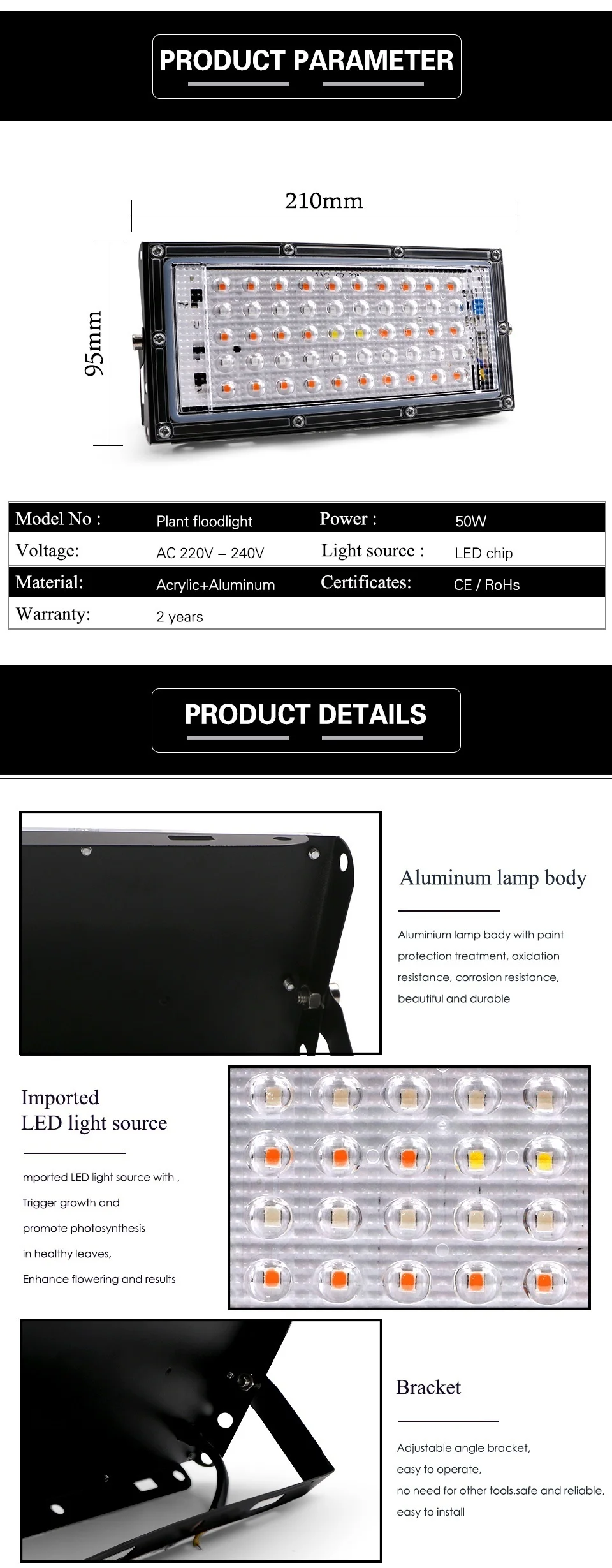 

50W LED Plant Grow Light Lamp AC 220V Full Spectrum LED Plant Floodlight Greenhouse Plant Hydroponic Plant Spotlight