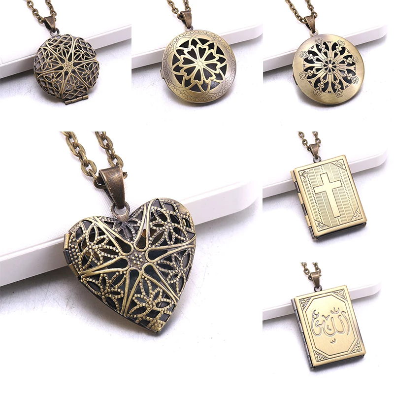 

New Love Heart Retro Carved Flower Mini Photo Locket Pendant Romantic Photo Necklace Copper Album Box Necklace Women Jewelry