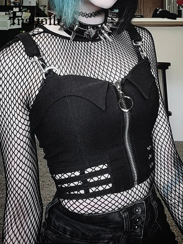 

InsGoth гранж-панк черные топы на молнии готика, Харадзюку ажурные с открытой спиной укороченные камисоль Y2K уличная женская искусственная оде...