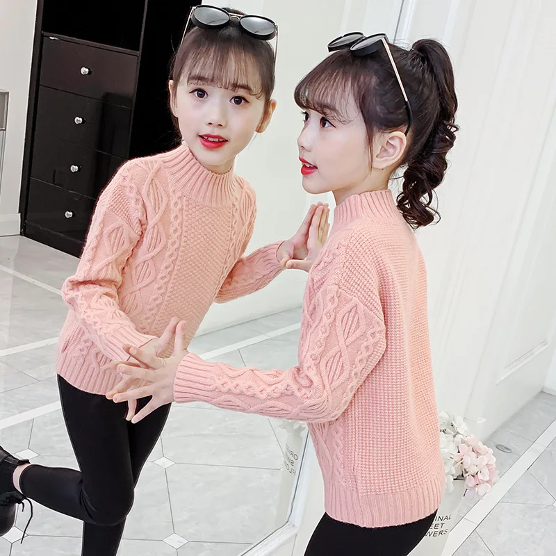 

iairay winter thick knitted sweater girl warm jumber autumn long sleeve half high collar pullover kids sold color twist sweater