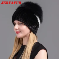 jeryafur new style natural fox fur hat mink hat winter women natural vertical high quality fashion hat silver fox hat
