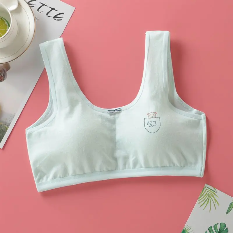 

Puberty Girls Wide Straps Sweet Candy Color Underwear Bra Cute Cartoon Bear Pocket Print Bralette Mini Striped Bowknot Crop Top