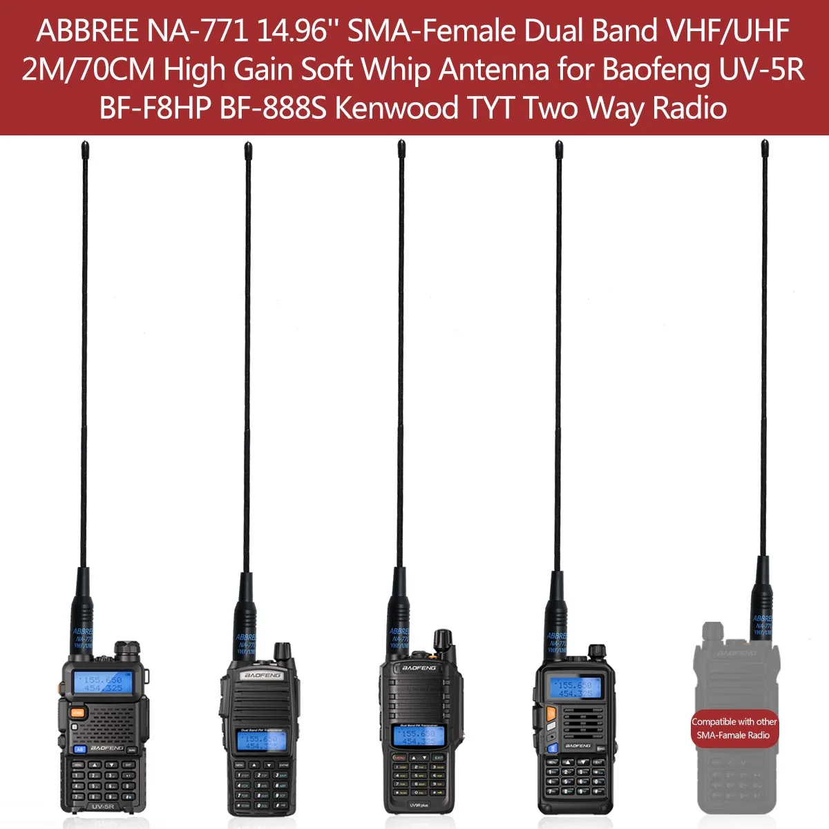 

ABBREE AR-771 SMA-Female Dual Band VHF/UHF High Gain Soft Antenna for Baofeng UV-5R BF-F8HP BF-888S TYT Walkie Talkie