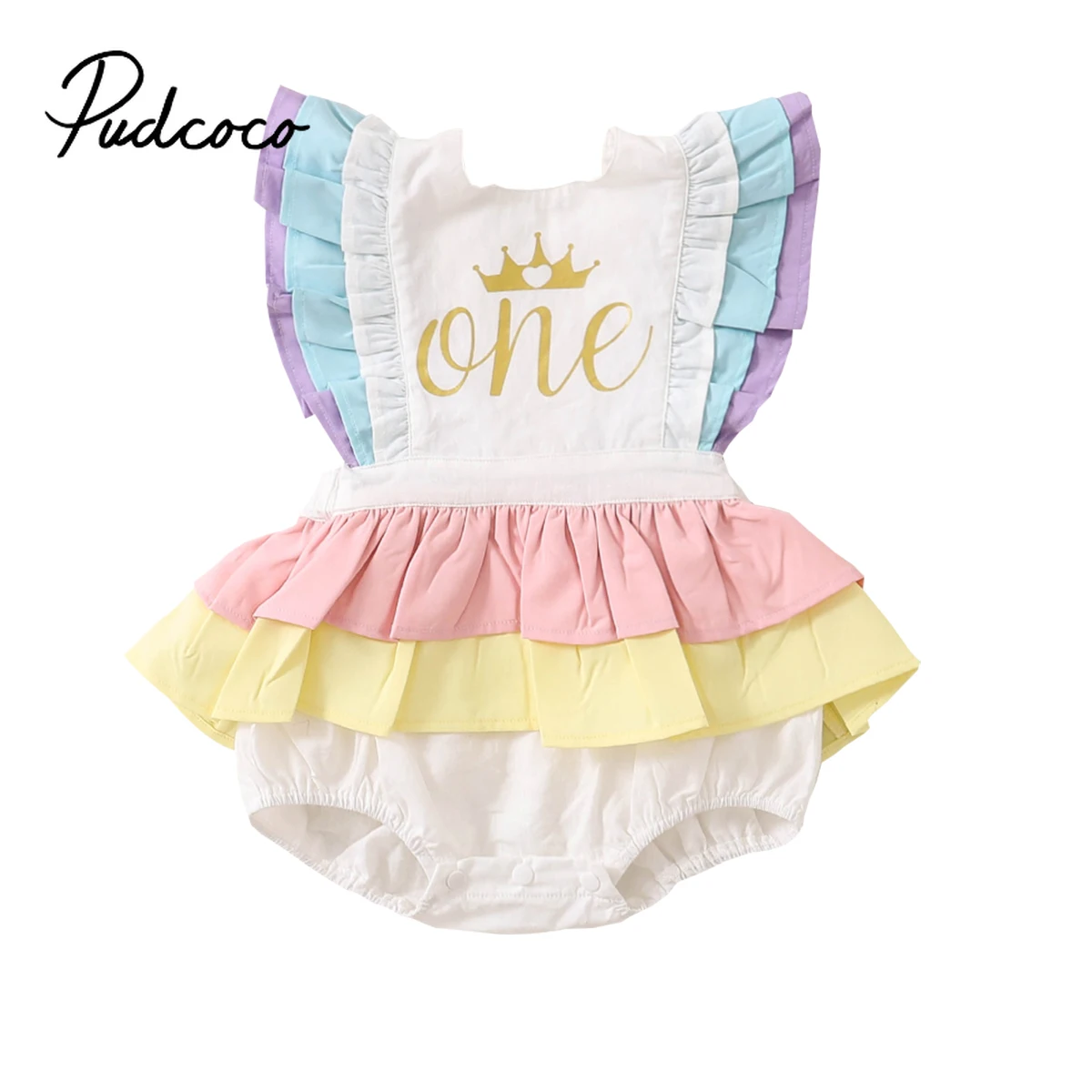 

Infant Newborn Baby Girl Birthday Cotton Romper Ruffled Lace Sleeveless Golden Letter One Crown Jumpsuit Bow Fluffy Skirt