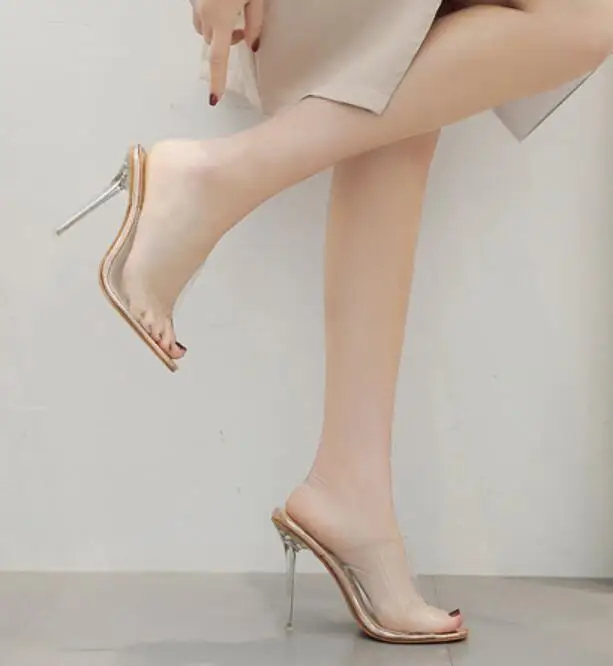 

New Women Slippers 2020 Fashion High Heeled 11.5CM Women Casual Shoes Mules PVC Transparent Shoes Clear Open Toe Plus Size 34-40