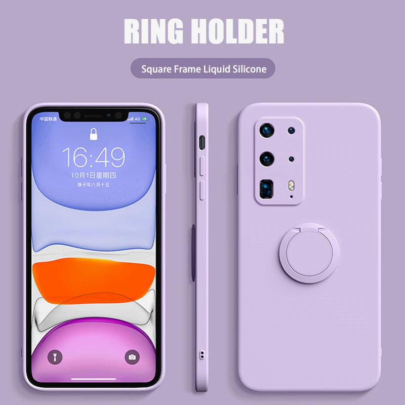 Чехол на жидком кремнии со квадратной рамкой для Huawei Mate 30 20 P40 Honor V30 Nova 7 6 5 SE Pro Plus со стойкой-кольцом, ремешком для руки и подставкой.