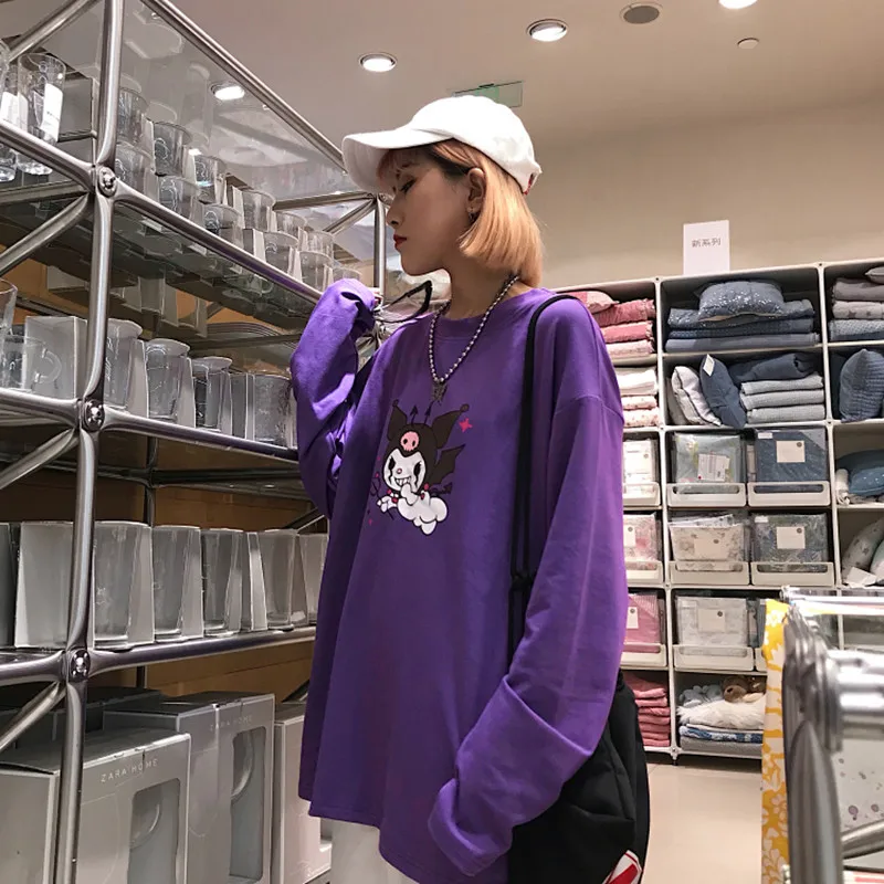 Корейская футболка с круглым вырезом и длинным рукавом, женские Топы Harajuku, уличная одежда, фиолетовая футболка с принтом дьявола, повседневные свободные осенние женские футболки, топы
