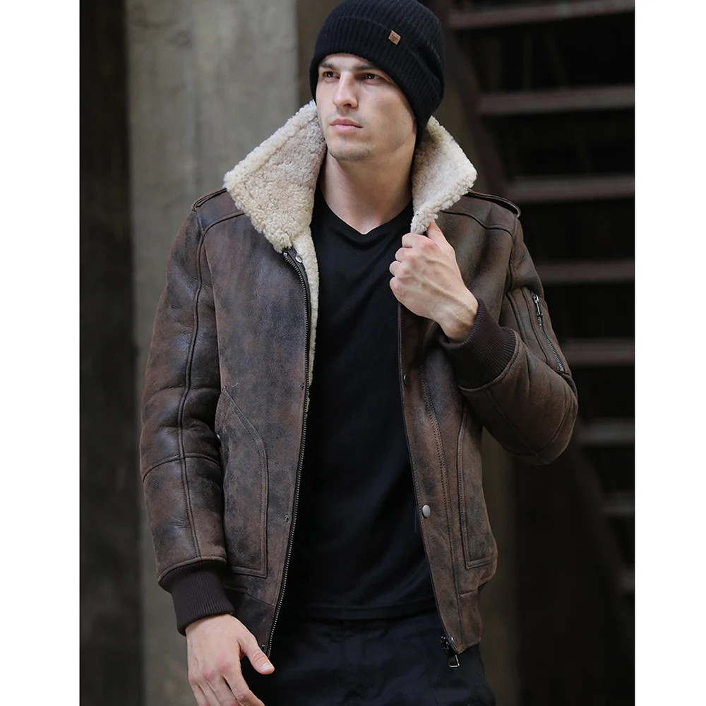 Мужская короткая куртка из натуральной овчины коричневая меха чемпиона зимняя