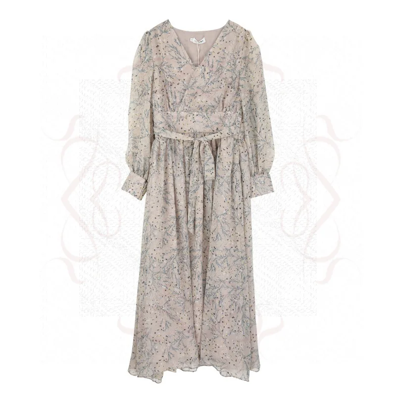 

2020 Chiffon floral dress female star with V-neck high waist showing thin, bottomed knee length long sleeve