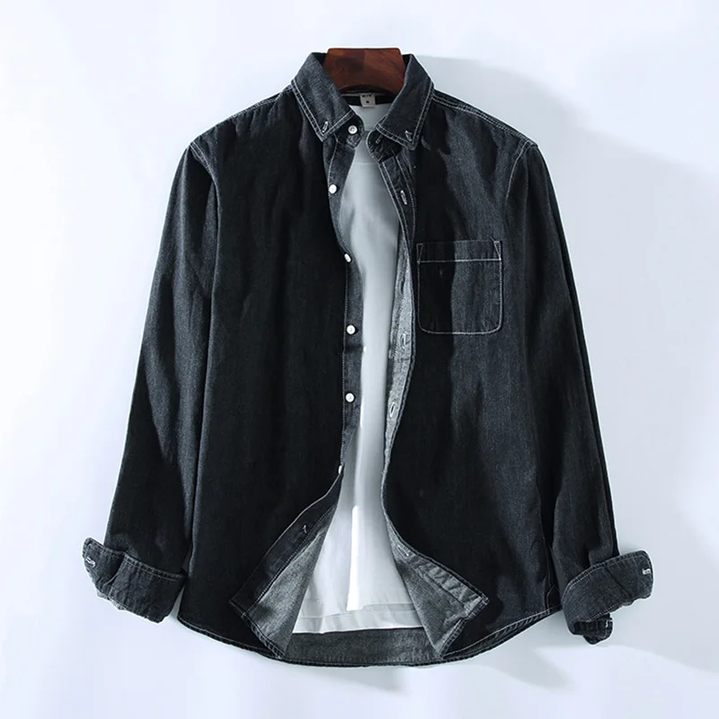 Мужская хлопковая рубашка с длинным рукавом Повседневная джинсовая