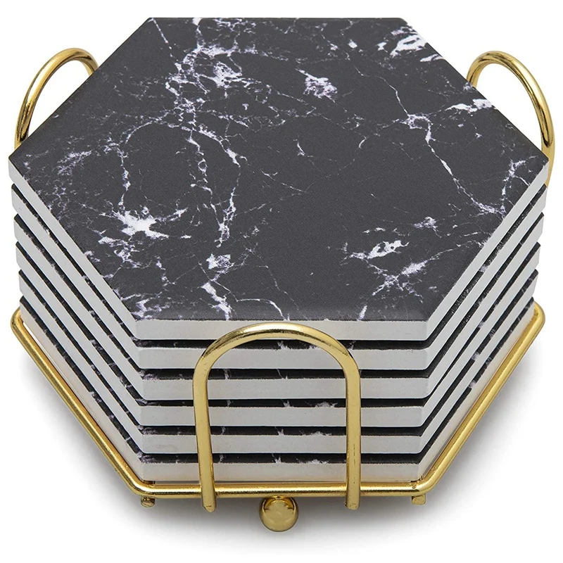 

Подставки под напитки с золотым держателем, абсорбирующие керамические подставки с мраморным дизайном, набор подставок, защита столешницы