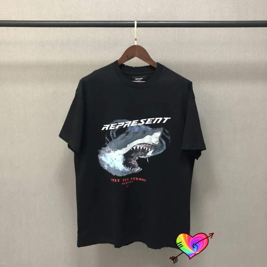

ONLY THE STRONG SURVIVE REPRESENT T-shirt Men Women VINTAGE BLACK Shark Logo Print Represent Tee Oversize Tops Short Sleeve