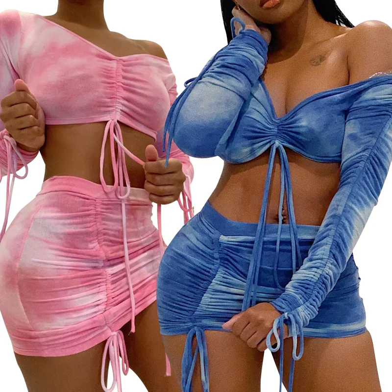 

Tie Dye Print Drawstring Sexy Co-ord Sets Women Long Sleeve Ruched Sexy 2 Piece Outfits Club Bodycon Top And Skirt Set