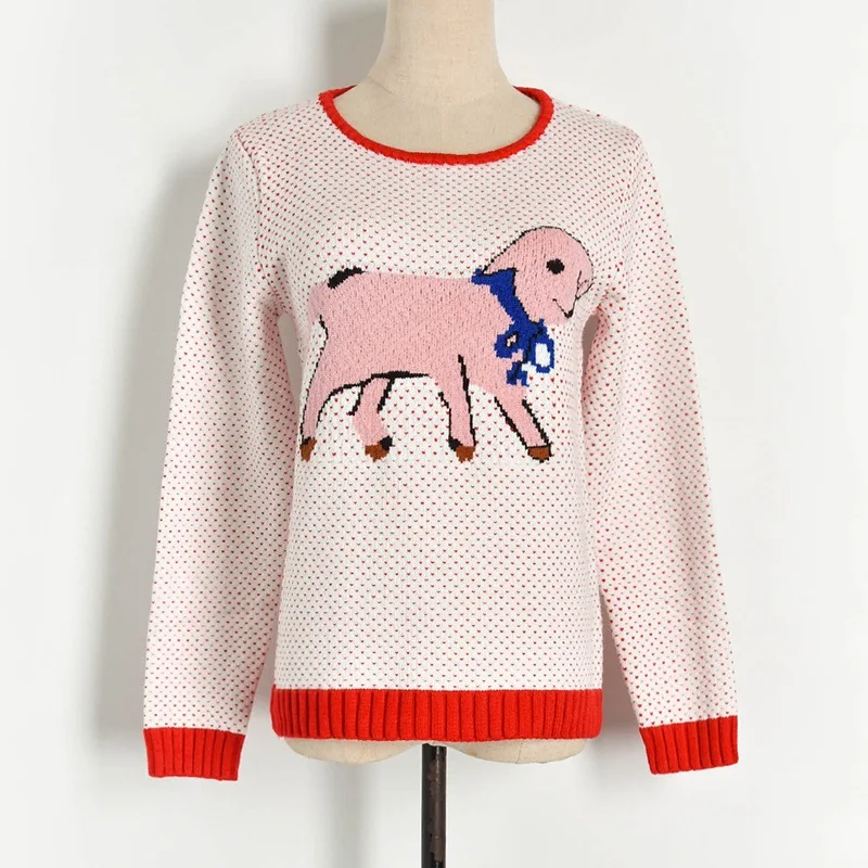 Женский розовый свитер вязаный жаккардовый в горошек с милым рисунком овечки