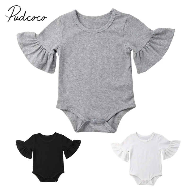 

Brand New Newborn Infant Baby Girl Solid Bodysuits Clothes Flared Sleeve Jumpsuit Sunsuit Casual Outfits Cotton Playsuits